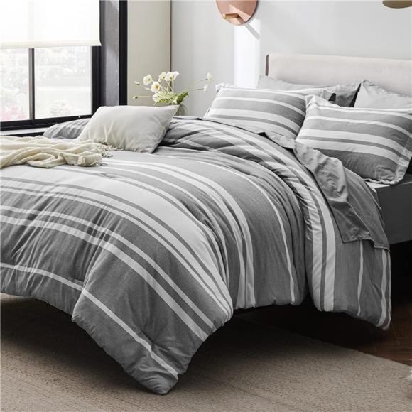 Bed in a Bag Queen 7 Pieces, Grey White Striped Queen Bed Set Reversible - Picture 2 of 6